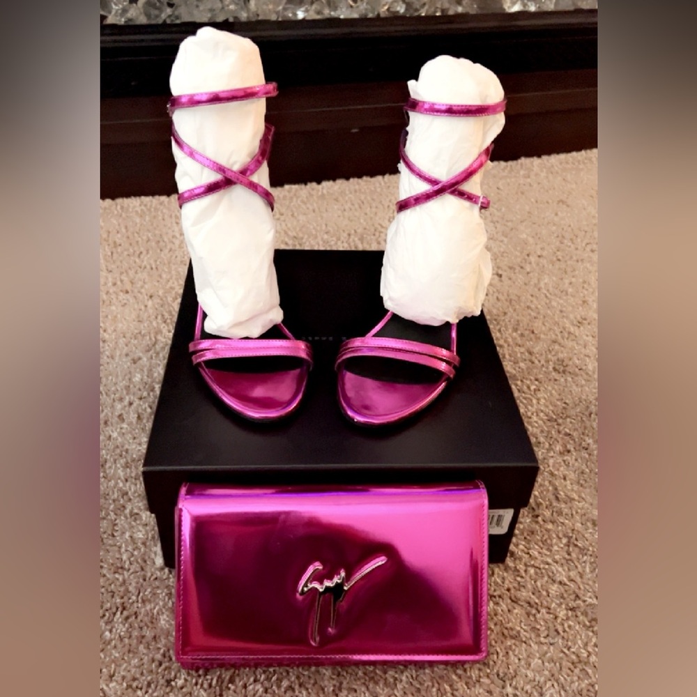 Giuseppe Zanotti Catia Mirrored Fuschia heels with matching bag